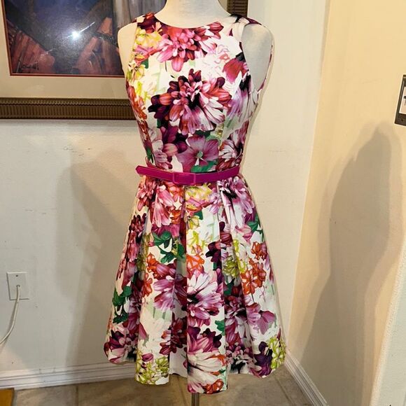 Eliza J. Floral Sleeveless Dress with Pink Belt Size 2 - Picture 1 of 14